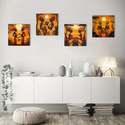 4pcs African Women Carrying Water Cans And Potue Wall Art Canvas Framed