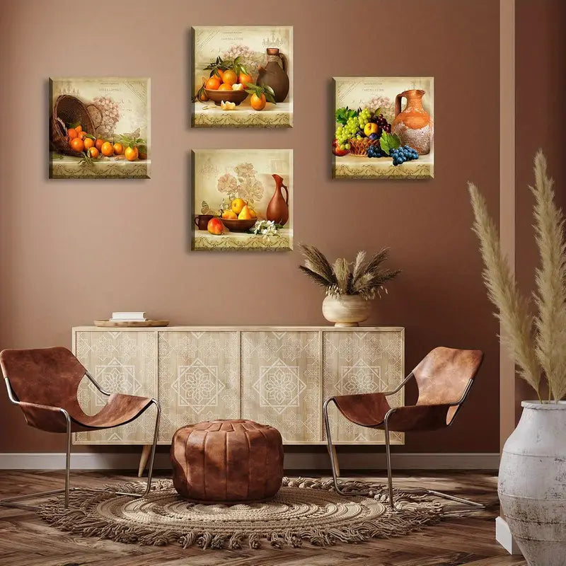 4pcs Vintage Theme Fruit Pictures Farmhouse Wall Art Canvas Framed