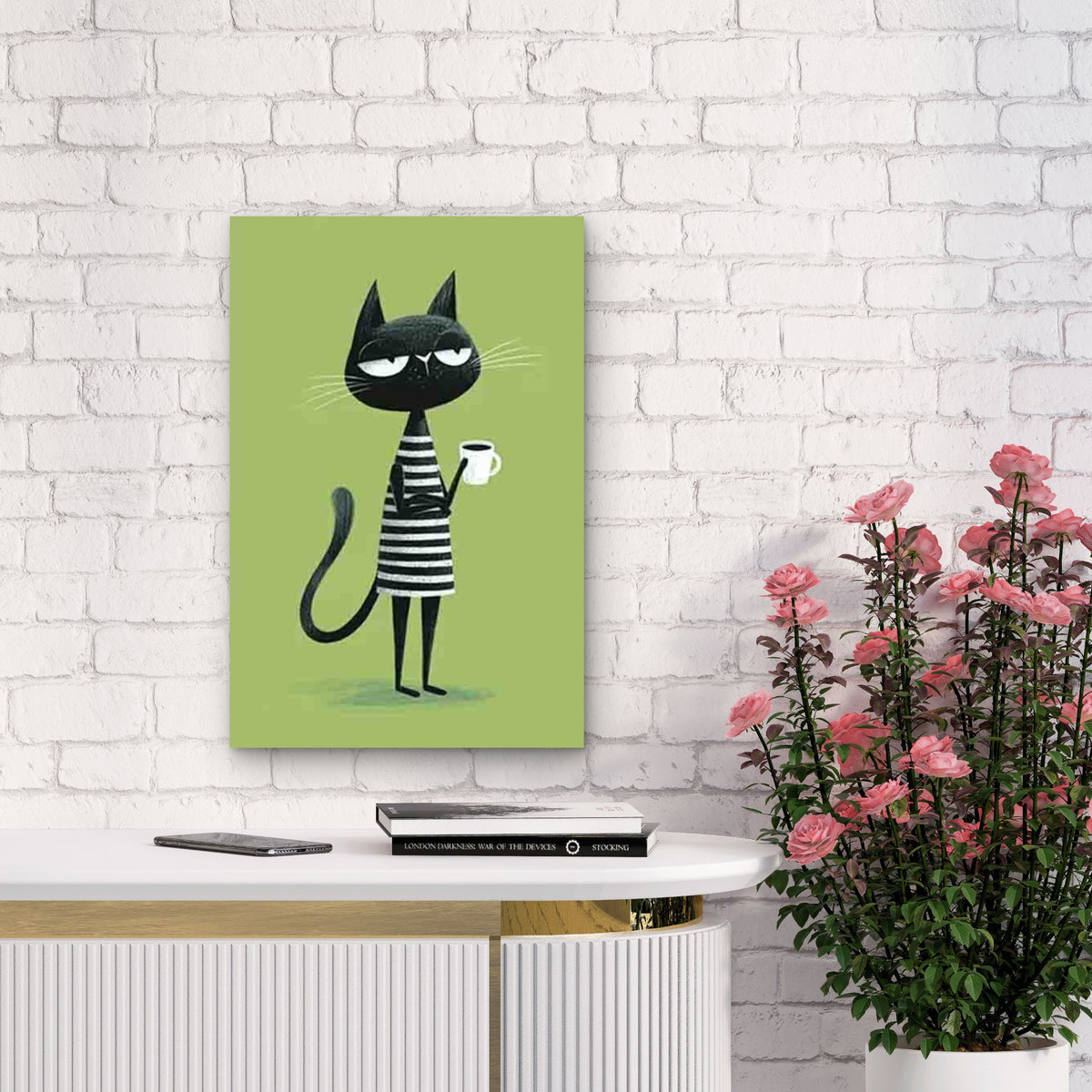 Black & White Skeptical Cat with Coffee Metal Print Ready to Hang