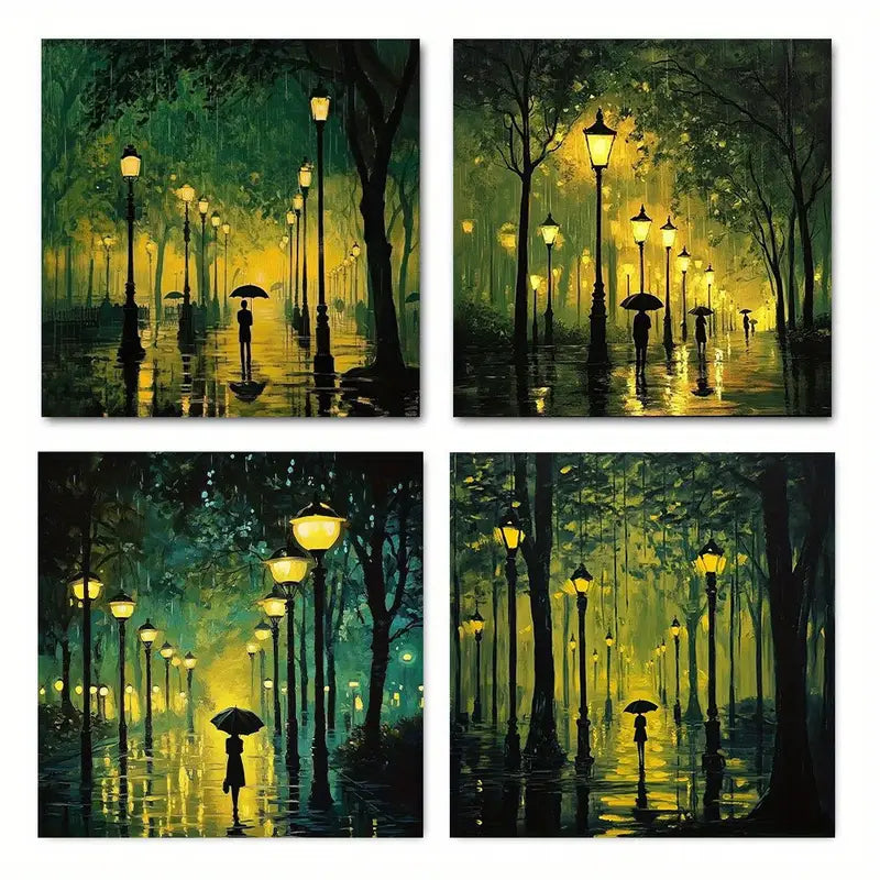 4pcs   Rainy Night Theme  YR   Wall Art Canvas Framed