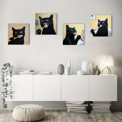 4pcs Charming Black Cat Brushing Teet Wall Art Canvas Framed