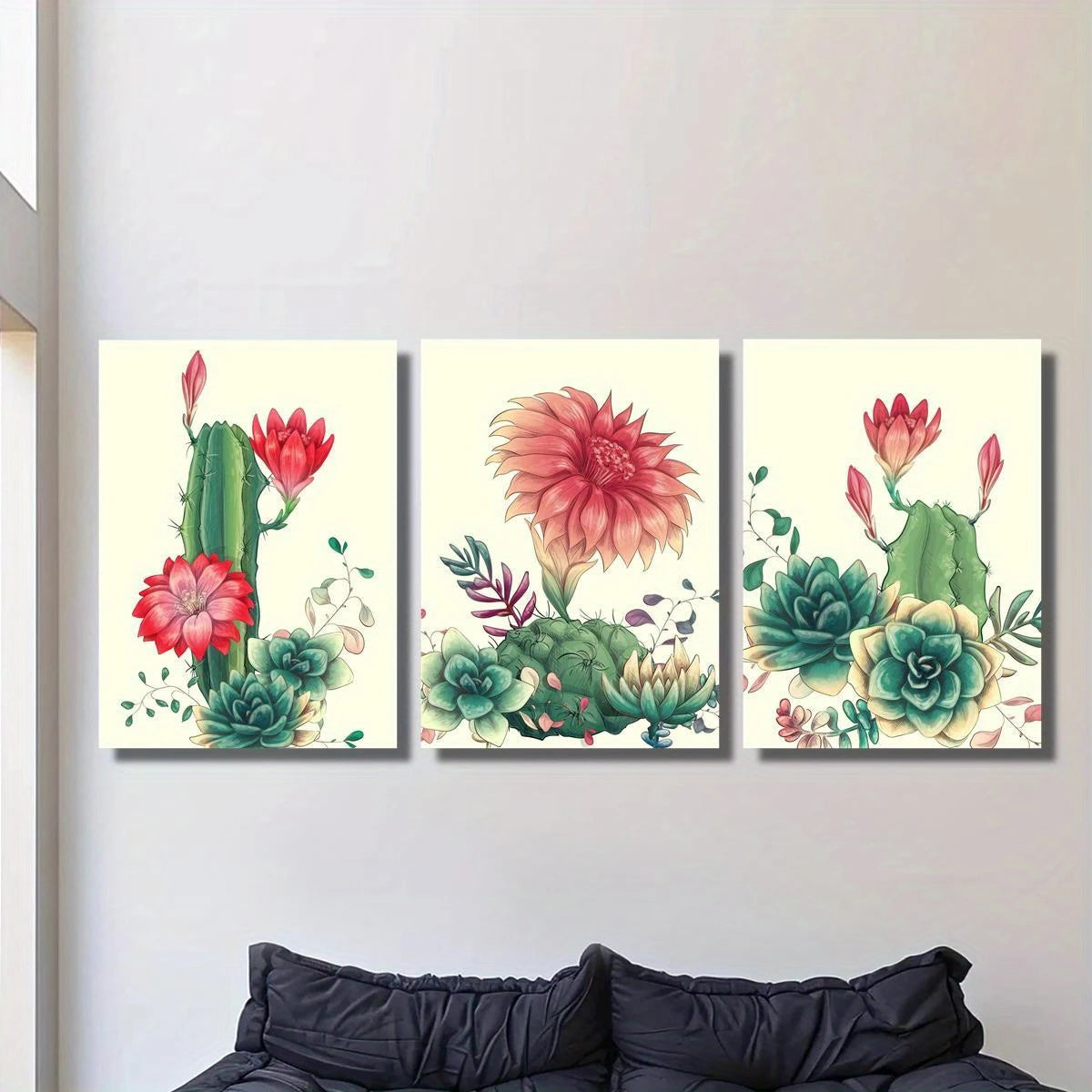 3pcs Vibrant Red Flowers, Green Foliage Cactus Metal Print Ready to Hang Art