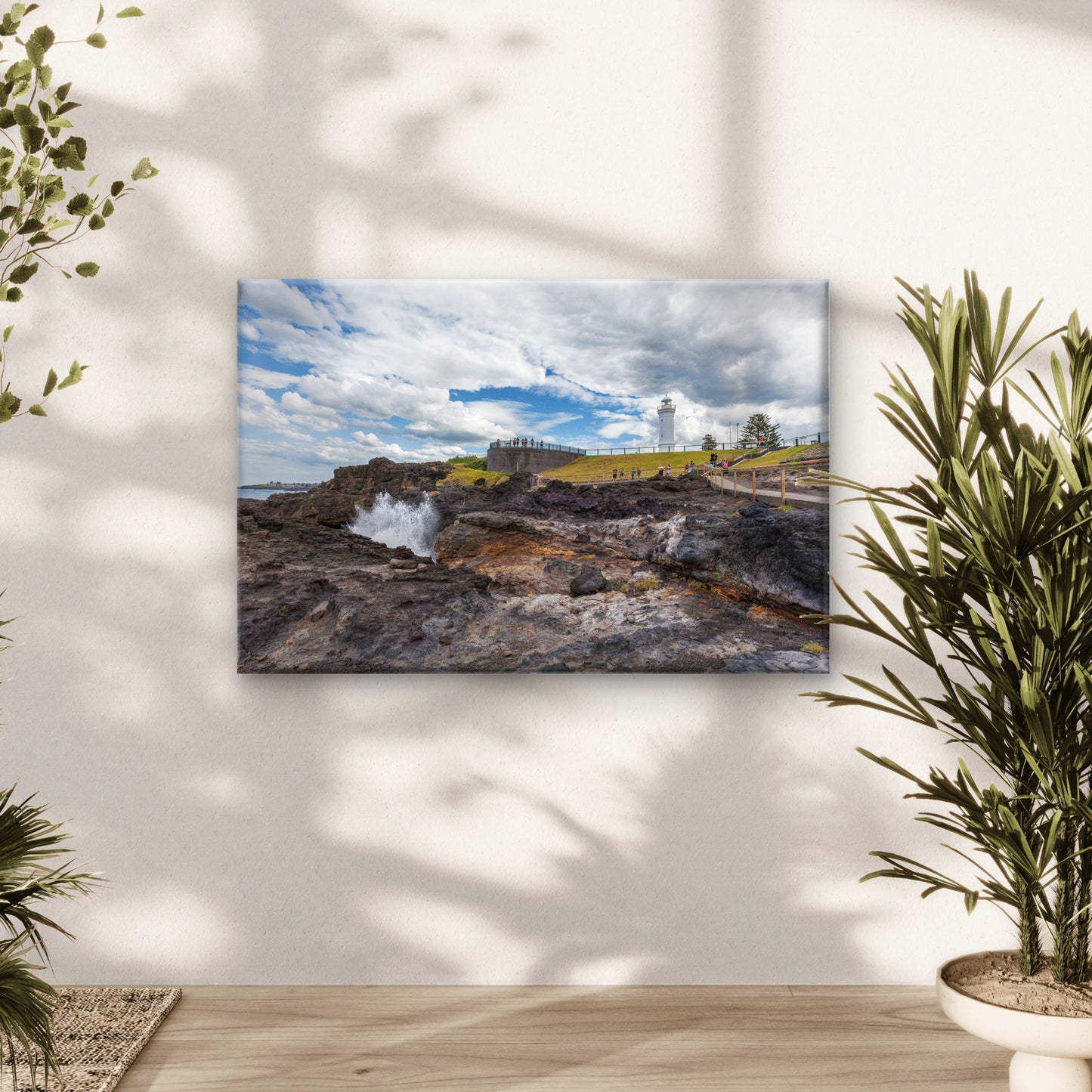 Kiama Lighthouse with water spraying out of the blowhole, Sydney, New South Wales (NSW), Australia Canvas Print Wall Art Decor 100% Australian Made