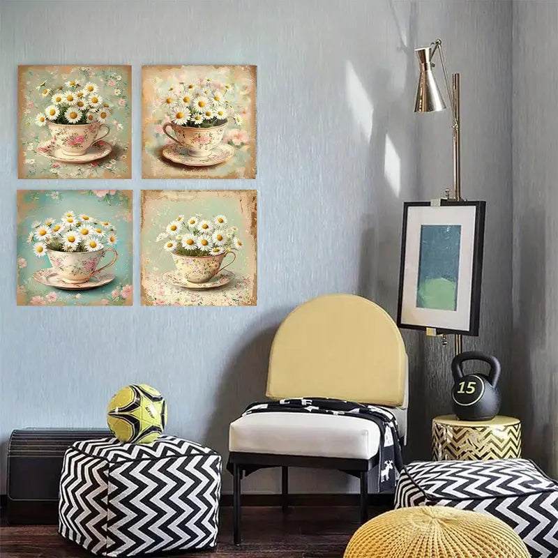4pcs  Daisies in a cup Themed  YU     Wall Art Canvas Framed