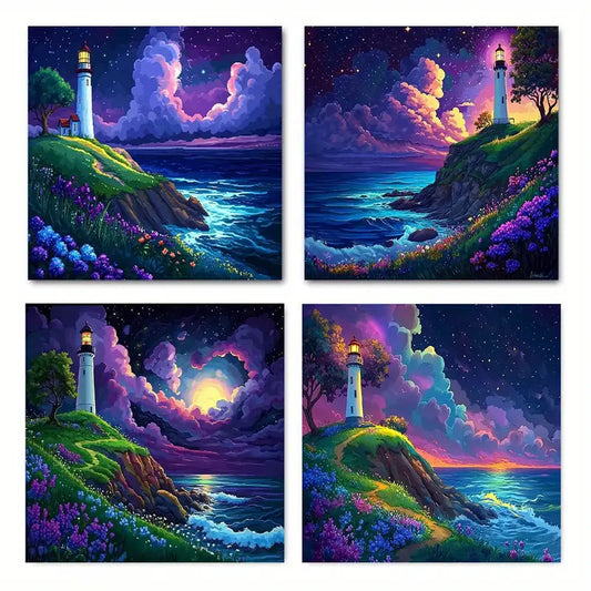 4pcs Rustic Wall Art Magic Lighthouse  Wall Art Canvas Framed
