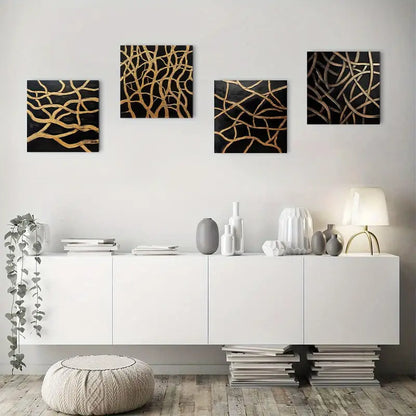 4pcs Abstract Black And Golden Lines Wall Art Canvas Framed