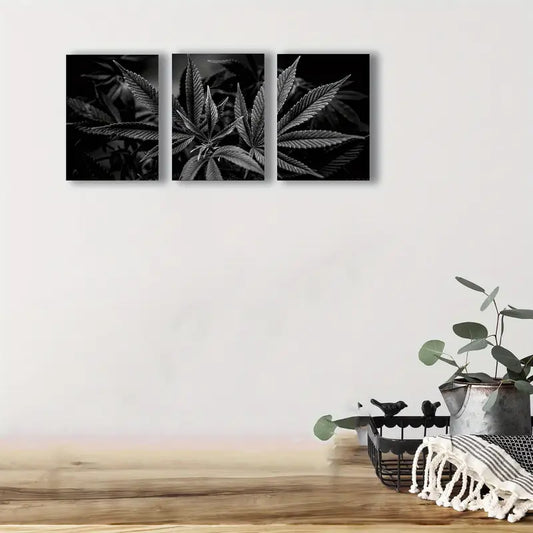 3pcs Black And White Marijuana Plant Metal Print Ready to Hang Art