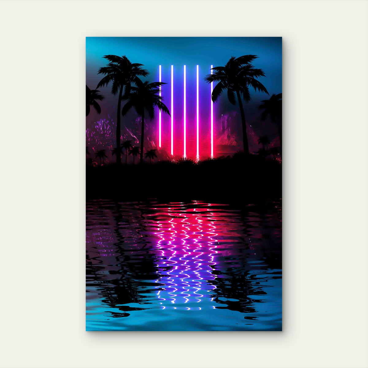 Neon Palm Tree, Tropical Leaves Reflection Metal Print Ready to Hang
