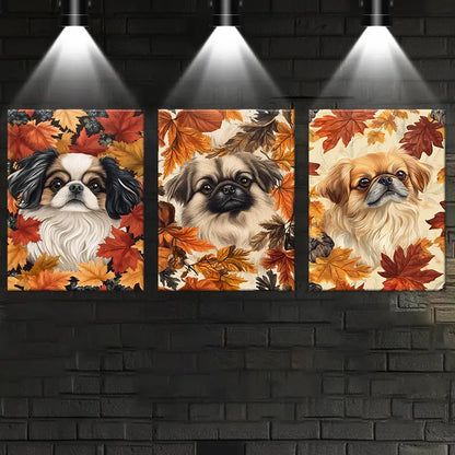 3pcs Pekingese Dog Autumn Leaves Elegant Design Metal Print Ready to Hang Art
