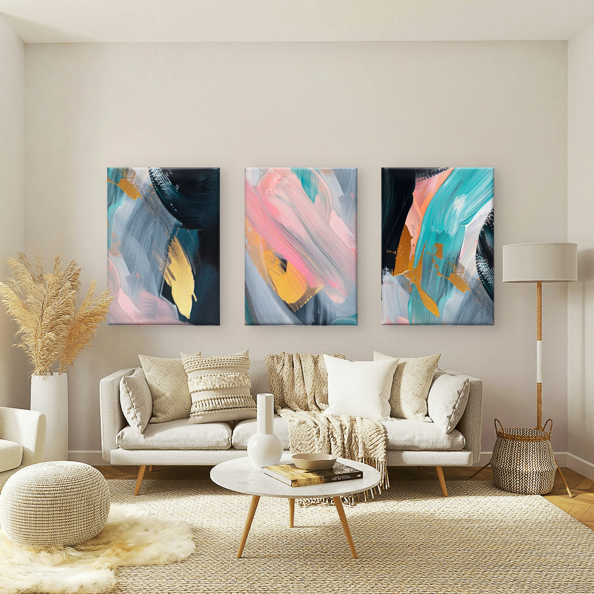 3pcs Abstract Teal Pink Navy Brushstroke Wall Art Set Canvas Framed 50x70cm - High Quality Print 100% Australian Made Wall Canvas Ready to Hang