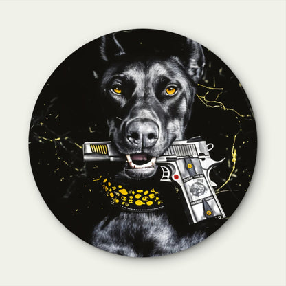 Modern Black Fashion Dobermann Dog with Gun Acrylic Glass Rounded Print Tempered Glass Wall Art 100% Made in Australia Ready to Hang