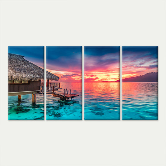 4pcs Tropical Overwater Bungalow Resort Sunset Wall Art Canvas Framed 45x80cm - High Quality Print 100% Australian Made Wall Canvas Ready to Hang