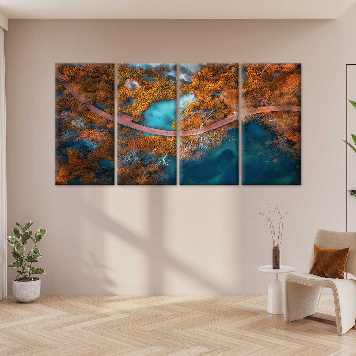 4pcs Aerial Autumn Forest Lake Bridge Pathway Wall Art Canvas Framed 45x80cm         - High Quality Print 100% Australian Made Wall Canvas Ready to Hang