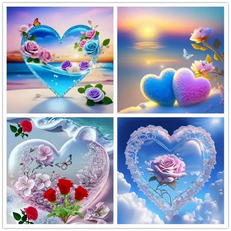 4pcs Pink Rose And Heart Love Wall Art Canvas Framed