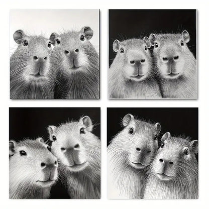 4pcs W Animals   Curious Capybara Wall Art Canvas Framed