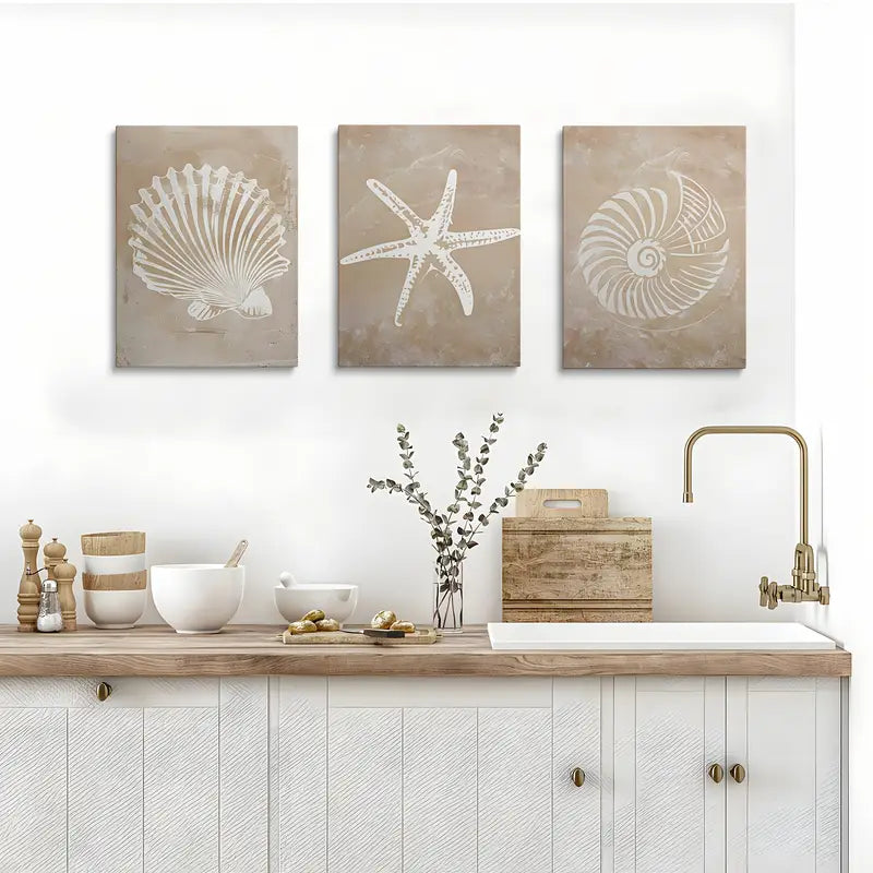 3pcs Modern Geometric Seashells & Starfish Metal Print Ready to Hang Art