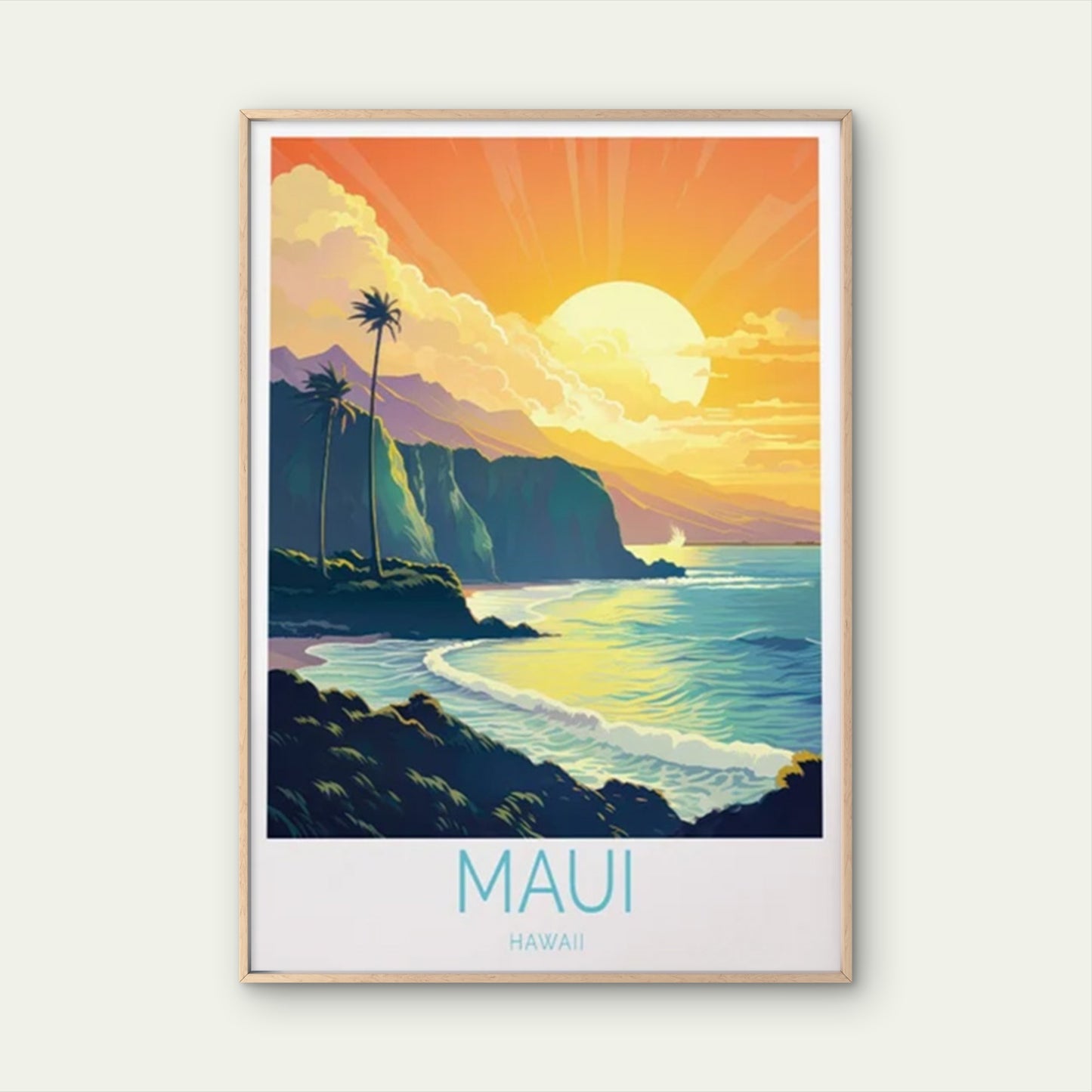 Maui Hawaii, Beach Palm Trees & Sunrise Travel Poster Print Wall Art
