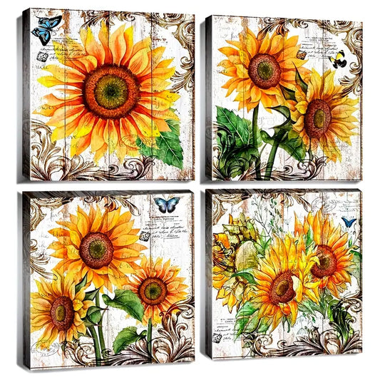 4pcs  Rustic Sunflower  Wall Art Canvas Framed