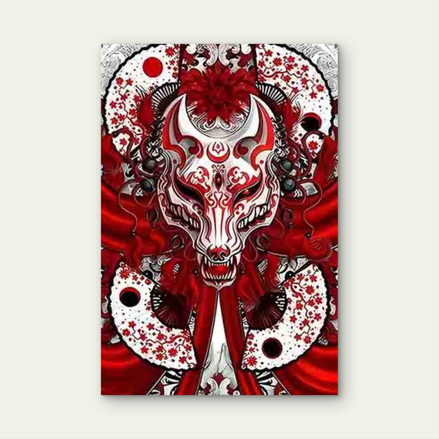 Mysterious Fox Mask with Japanese Floral 60x90cm Metal Print Ready to Hang - Bella Home Decor