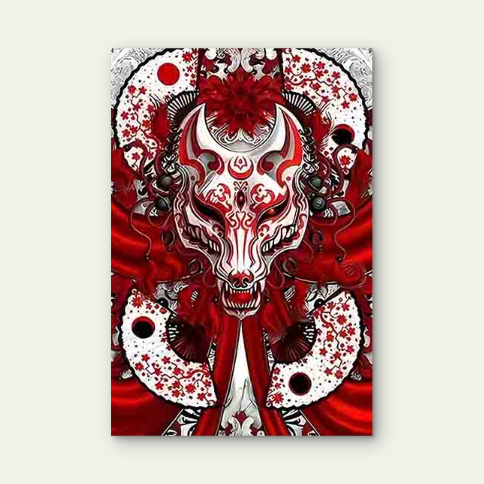 Mysterious Fox Mask with Japanese Floral 60x90cm Metal Print Ready to Hang - Bella Home Decor