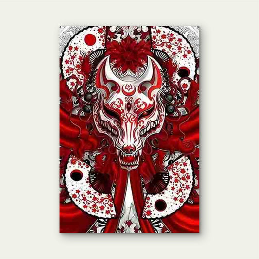 Mysterious Fox Mask with Japanese Floral 60x90cm Metal Print Ready to Hang - Bella Home Decor