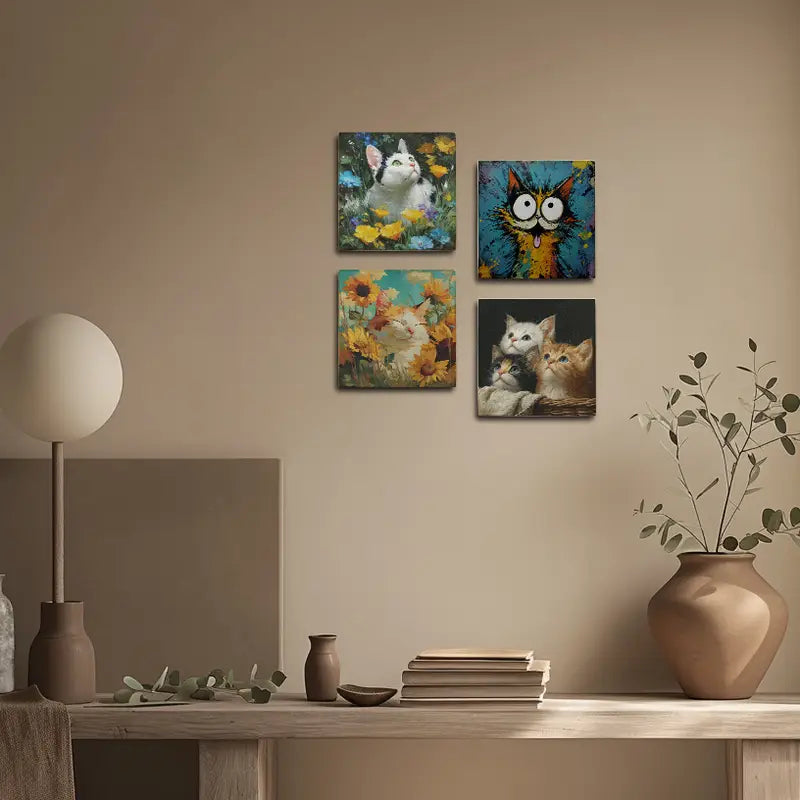 4pcs  Funny Cat Wall Art Canvas Framed