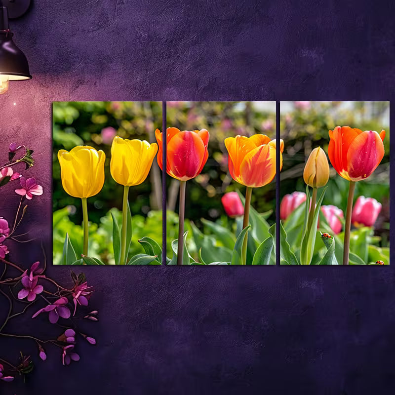 3pcs Vibrant Tulip Florals Illustration Wall Art Set Canvas Framed 40x60cm - High Quality Print 100% Australian Made Wall Canvas Ready to Hang