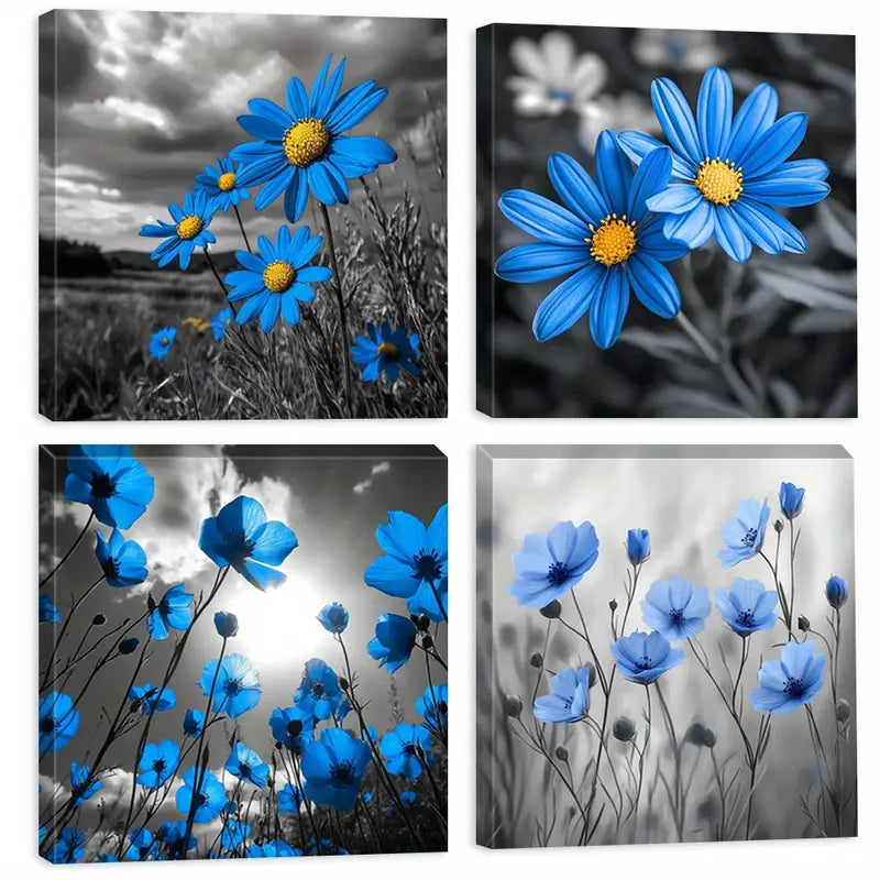 4pcs Framed Daisy Paintings, Botanical Wall Art Canvas Framed