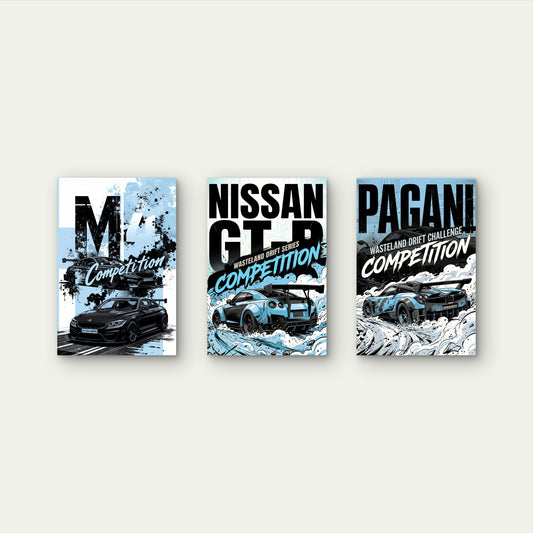 3pcs BMW M4 Nissan GTR Pagani Drift Supercar Wall Art Set Canvas Framed 50x70cm - High Quality Print 100% Australian Made Wall Canvas Ready to Hang