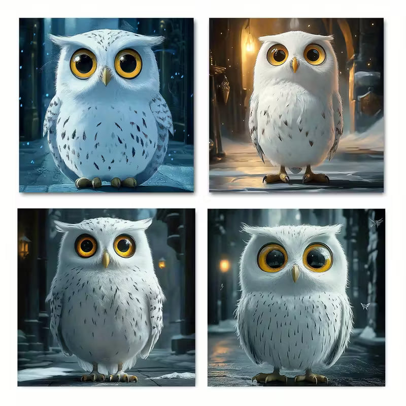 4pcs Cute White Owl Theme Wall Art Canvas Framed