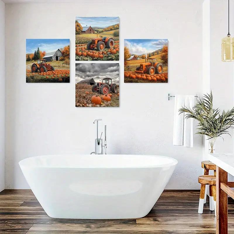 4pcs Pumpkin Decorative Artwork, Fields Wall Art Canvas Framed