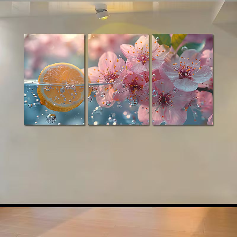 3pcs lemon in water with Pink Florals Wall Art Set Canvas Framed 50x70cm - High Quality Print 100% Australian Made Wall Canvas Ready to Hang