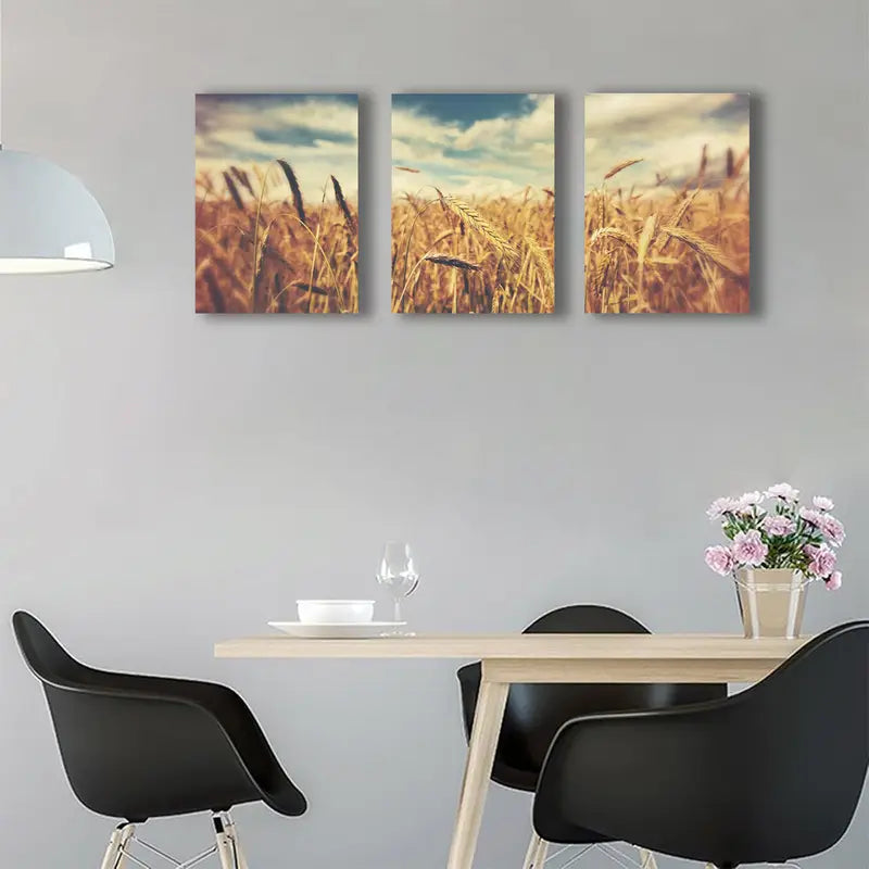 3pcs Vintage Golden Wheat Field Canvas Metal Print Ready to Hang Art