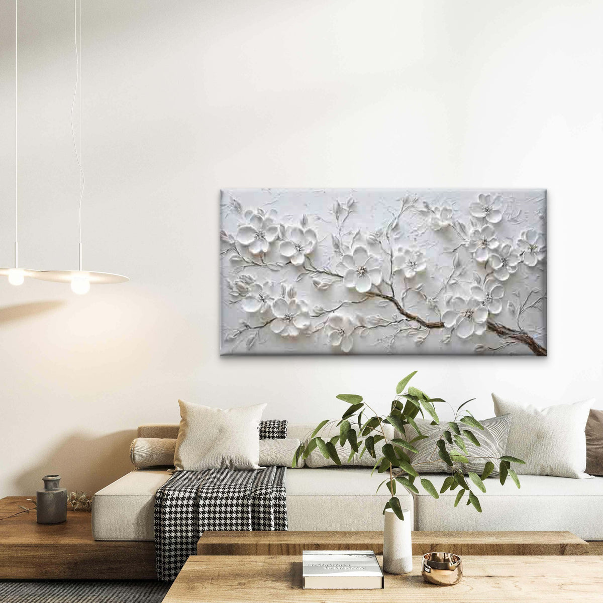 White Flowers on a Branch Wall Art Canvas Office Home Room Framed 120x60cm