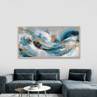 Blue Golden Turquoise Waves Wall Art Canvas Office Home Room Framed 120x60cm