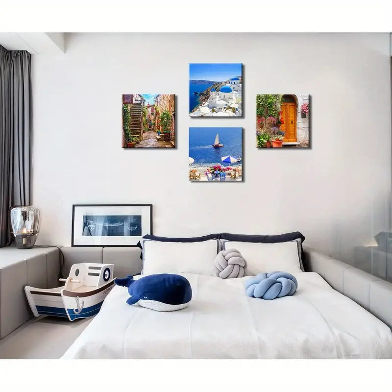 4pcs Santorini Greece Wall Art Canvas Framed