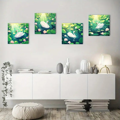 4pcs The White Swan Is On The Water Lotus Wall Art Canvas Framed