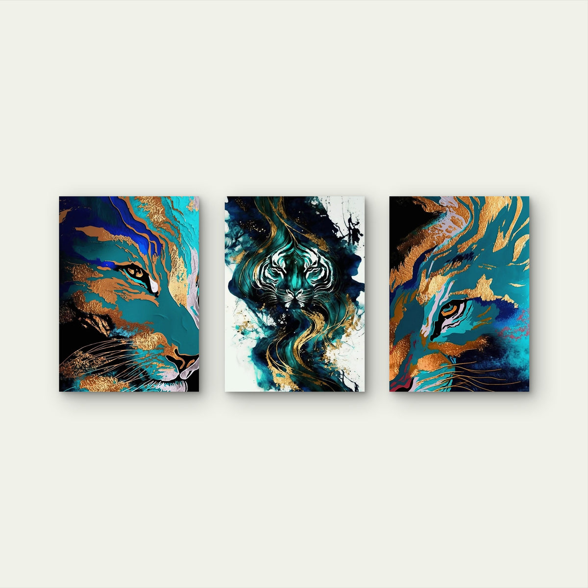 3pcs Abstract Tiger Marble Art Teal Gold Wall Art Set Canvas Framed 50x70cm - High Quality Print 100% Australian Made Wall Canvas Ready to Hang