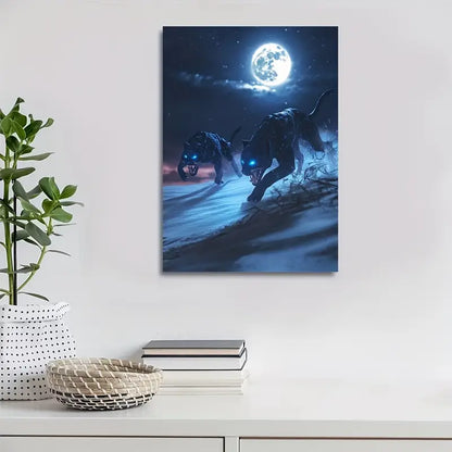 Dramatic Night Scene with Glowing Blue Eyes 40x60cm Metal Print Ready to Hang