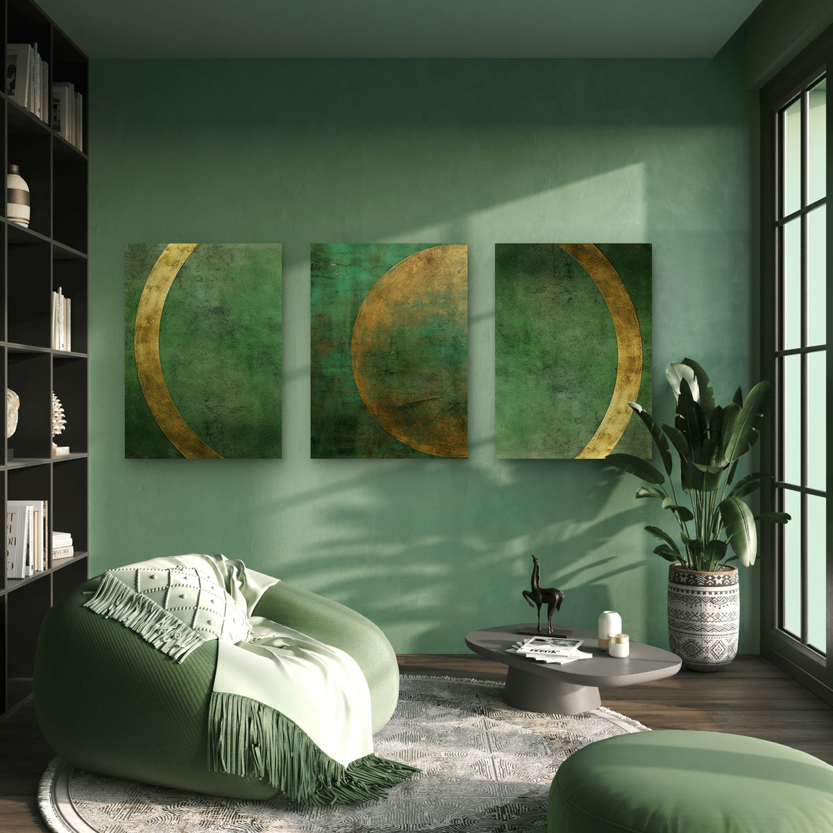 3pcs Modern Abstract Green Gold Moon Phase Wall Art Set Canvas Framed 40x60cm - High Quality Print 100% Australian Made Wall Canvas Ready to Hang