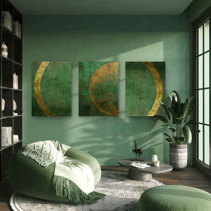 3pcs Modern Abstract Green Gold Moon Phase Wall Art Set Canvas Framed 50x70cm - High Quality Print 100% Australian Made Wall Canvas Ready to Hang