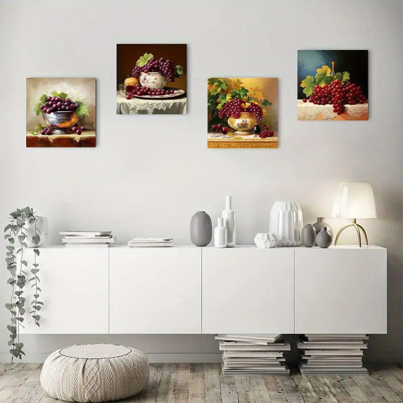 4pcs Wine Pictures Vibrant Fruits Wall Art Canvas Framed