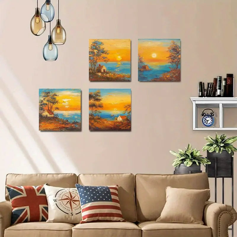 4pcs Peaceful Sunset Scenery with Cottages   Wall Art Canvas Framed