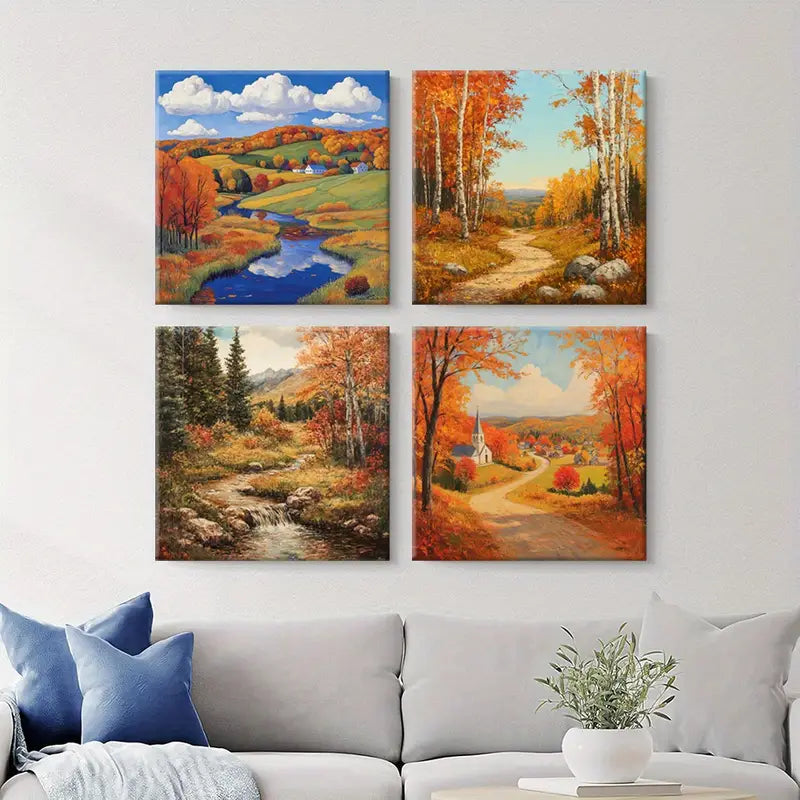 4pcs Autumn Scenery Farmhouse Style Wall Art Canvas Framed