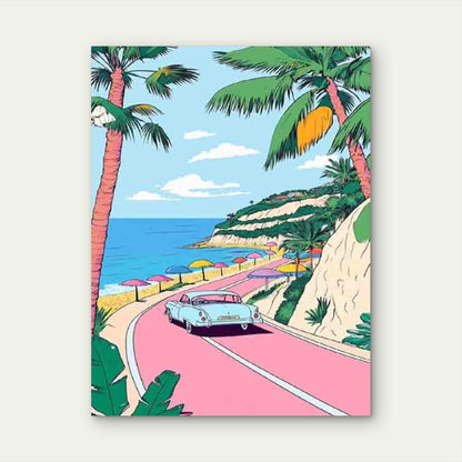 Turquoise Ocean & Pink Road Metal Print Ready to Hang