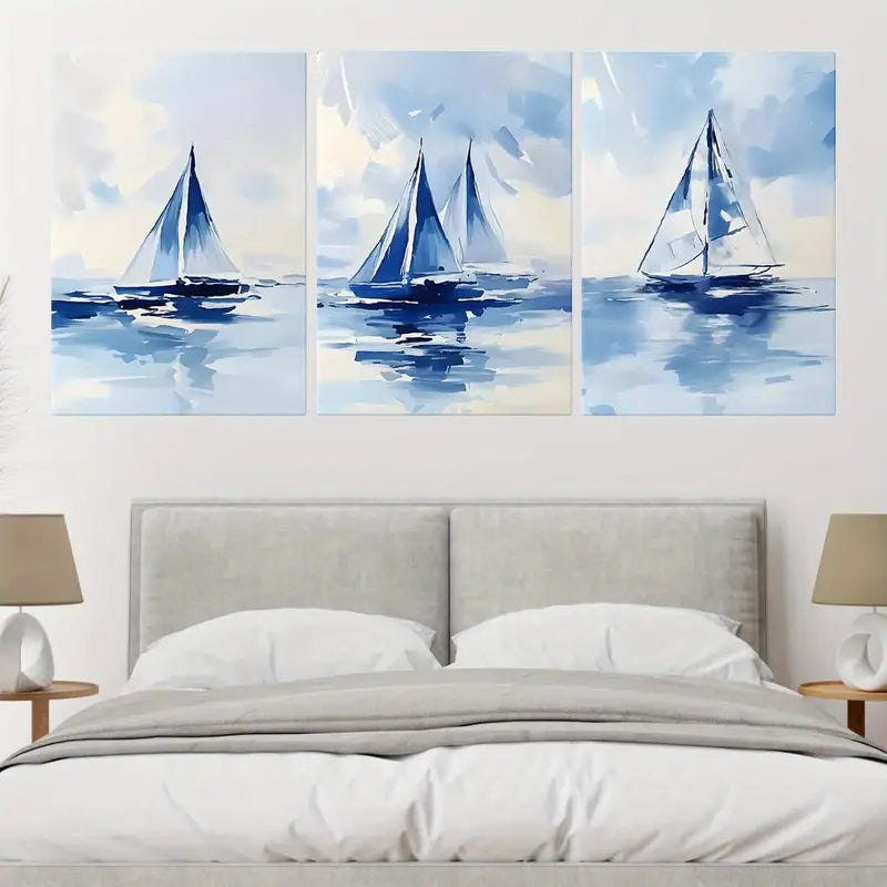 3pcs Sailing Boat Blue Seaview Painting Metal Print Ready to Hang Art