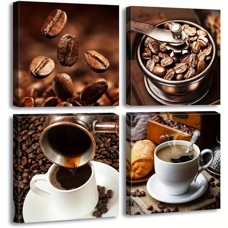 4pcs Coffee Beans, Pouring, Latte Art & Croissants Wall Art Canvas Framed