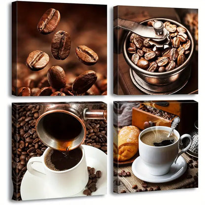 4pcs Coffee Beans, Pouring, Latte Art & Croissants Wall Art Canvas Framed