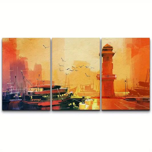 3pcs Orange Sunset Over Lighthouse Fishing Boat Metal Print Ready to Hang Art