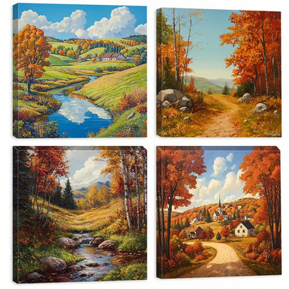 4pcs  Autumn  River Aesthetic Wall Art Canvas Framed